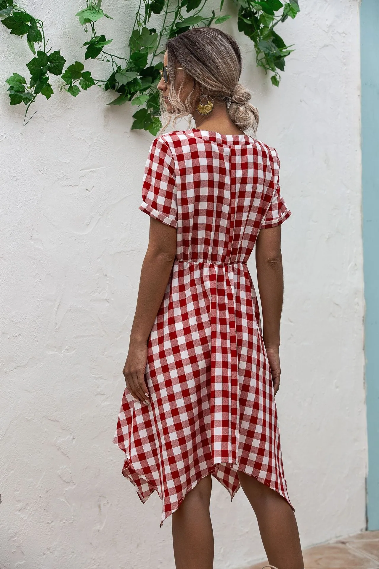 V-neck Plaid Irregular Hem Mini Dresses