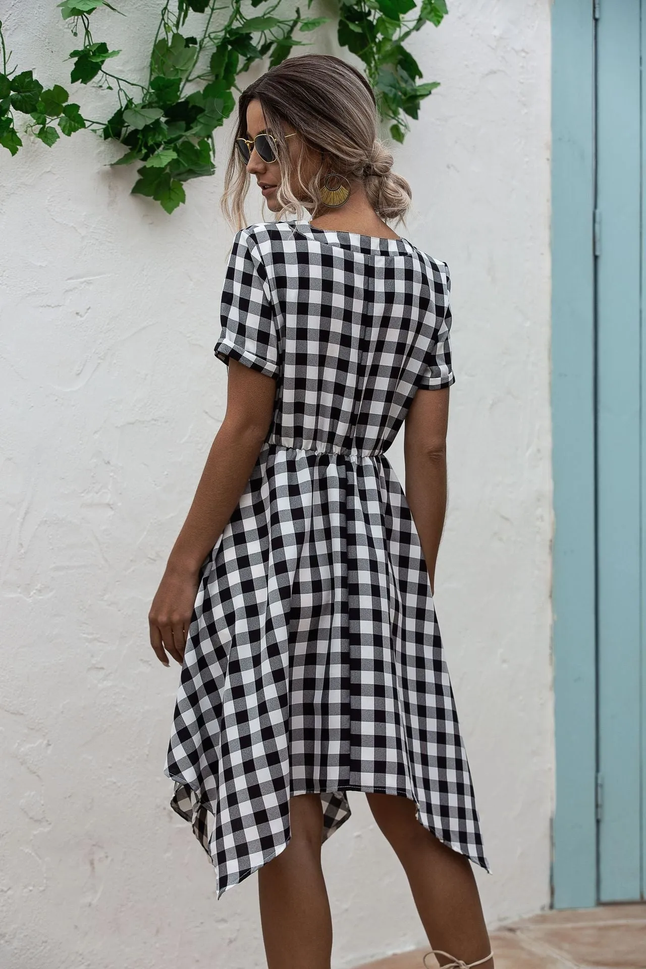 V-neck Plaid Irregular Hem Mini Dresses