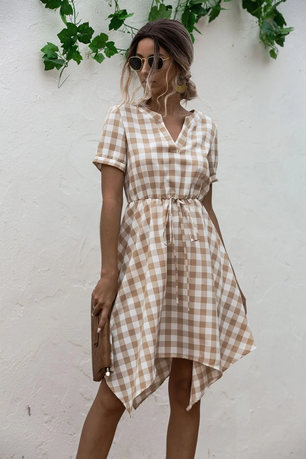 V-neck Plaid Irregular Hem Mini Dresses