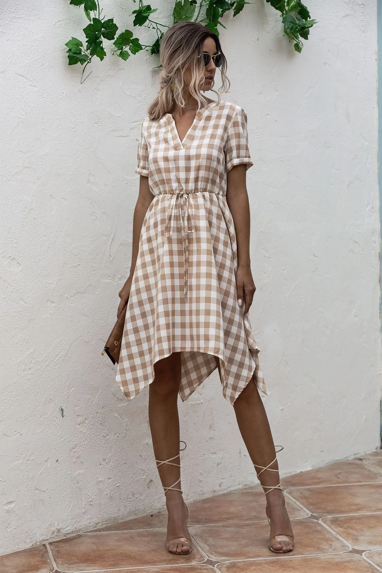 V-neck Plaid Irregular Hem Mini Dresses