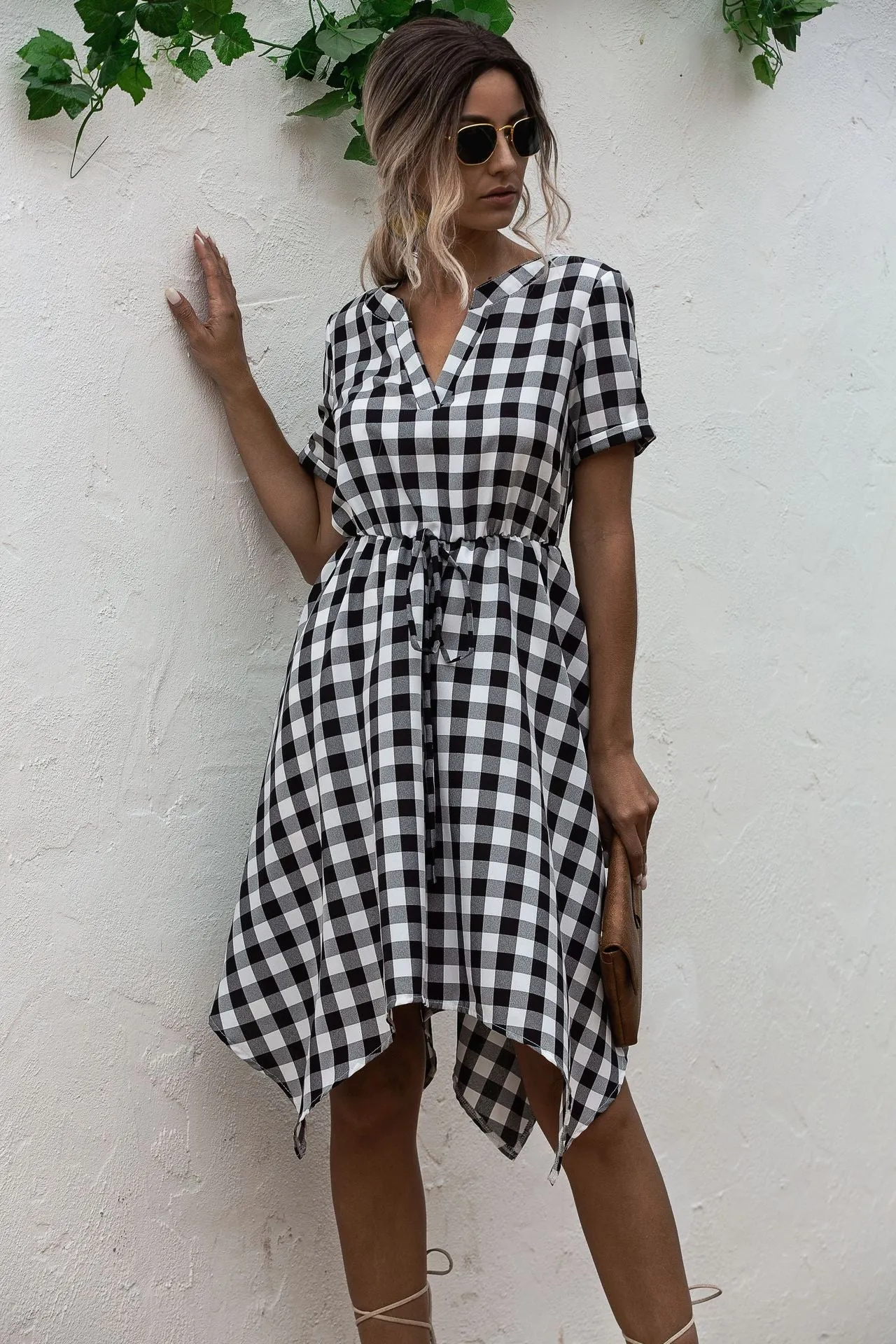 V-neck Plaid Irregular Hem Mini Dresses
