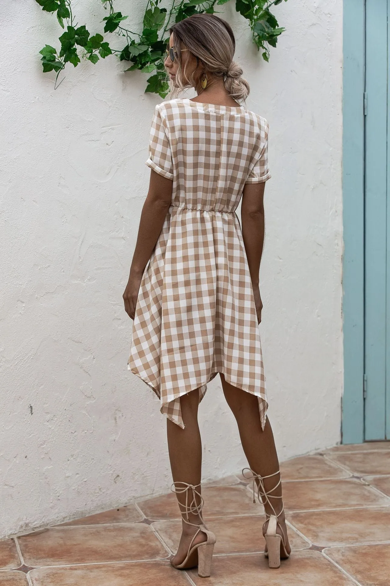 V-neck Plaid Irregular Hem Mini Dresses