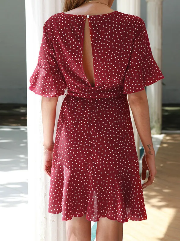 V-neck Print Trumpet Sleeves Double-ruffled Short Dress