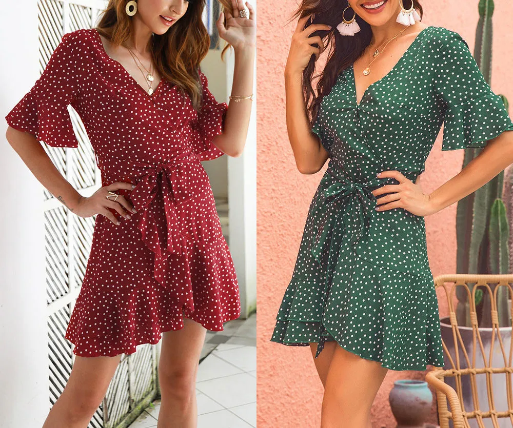 V-neck Print Trumpet Sleeves Double-ruffled Short Dress
