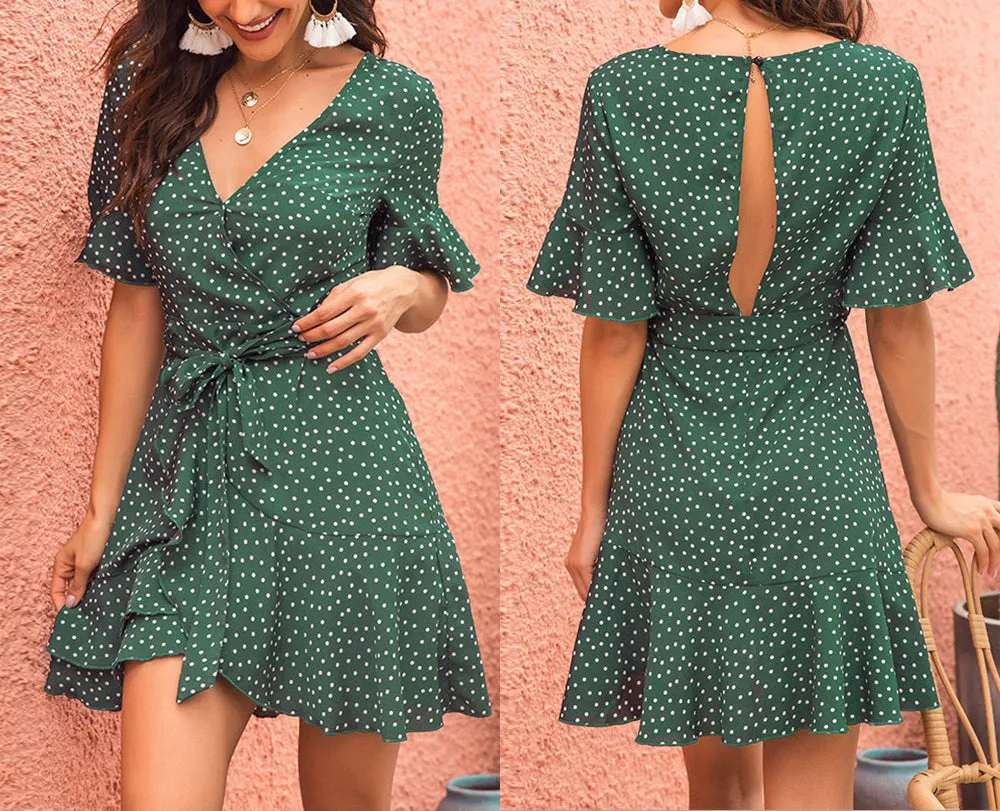V-neck Print Trumpet Sleeves Double-ruffled Short Dress
