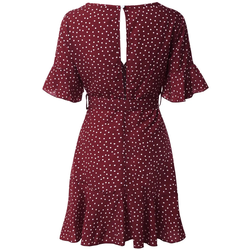 V-neck Print Trumpet Sleeves Double-ruffled Short Dress