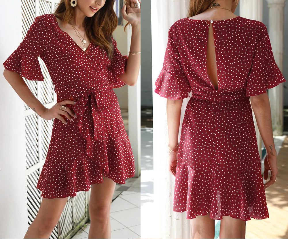 V-neck Print Trumpet Sleeves Double-ruffled Short Dress