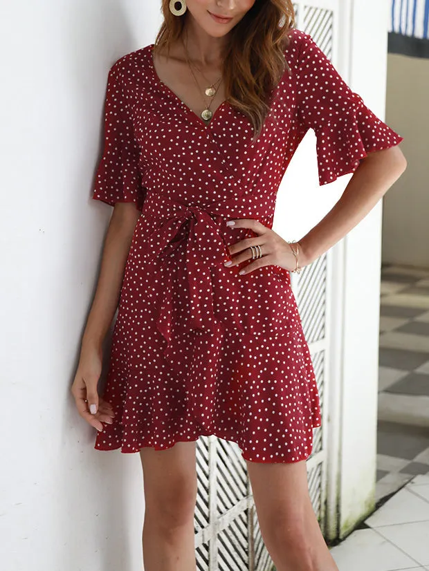 V-neck Print Trumpet Sleeves Double-ruffled Short Dress