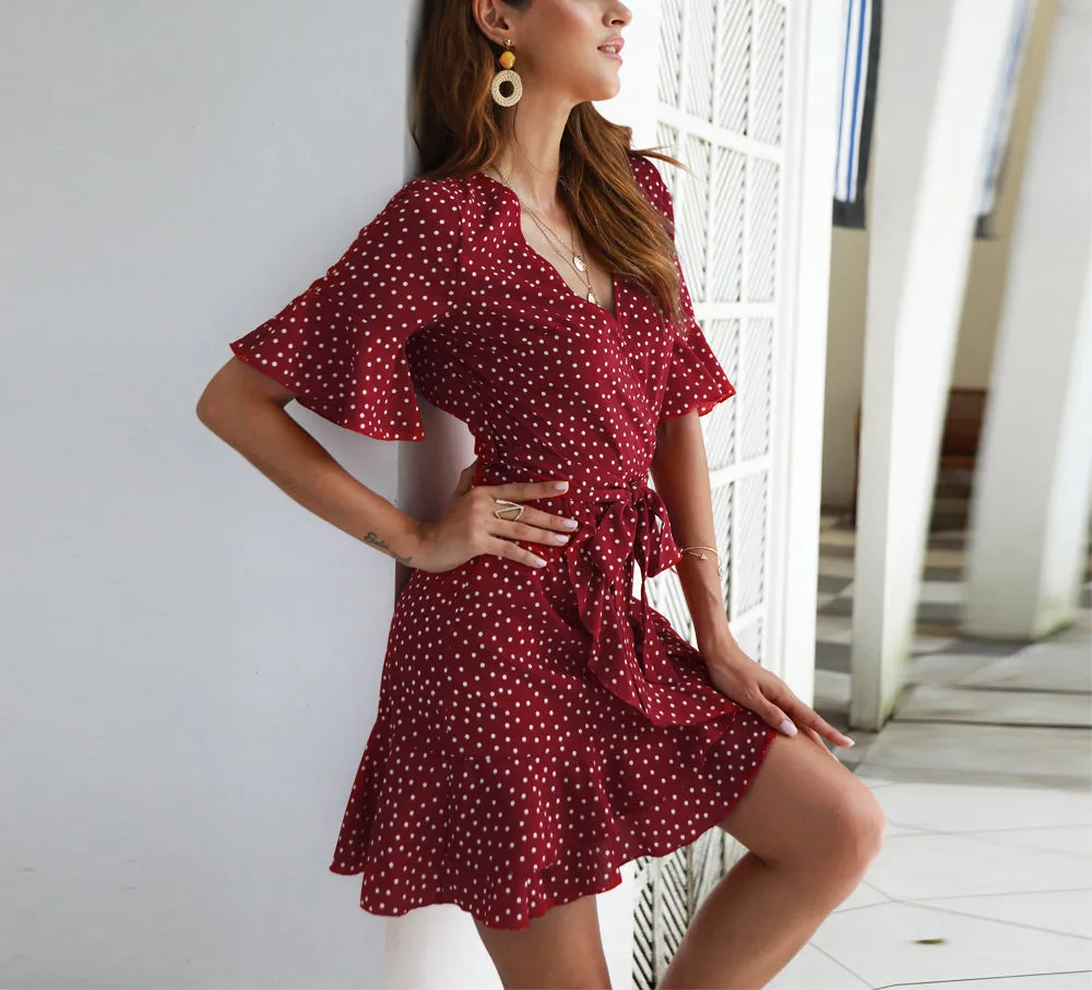 V-neck Print Trumpet Sleeves Double-ruffled Short Dress
