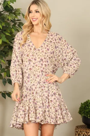 V-Neck Puff Long Sleeve Floral Mini Dress