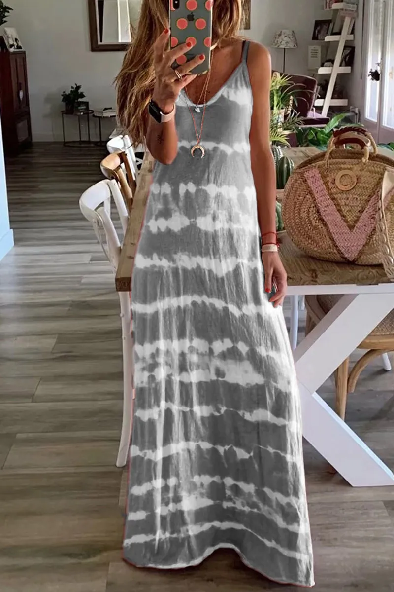 V Neck Spaghetti Strap Tie-Dye Casual Maxi Dress(3 Colors)