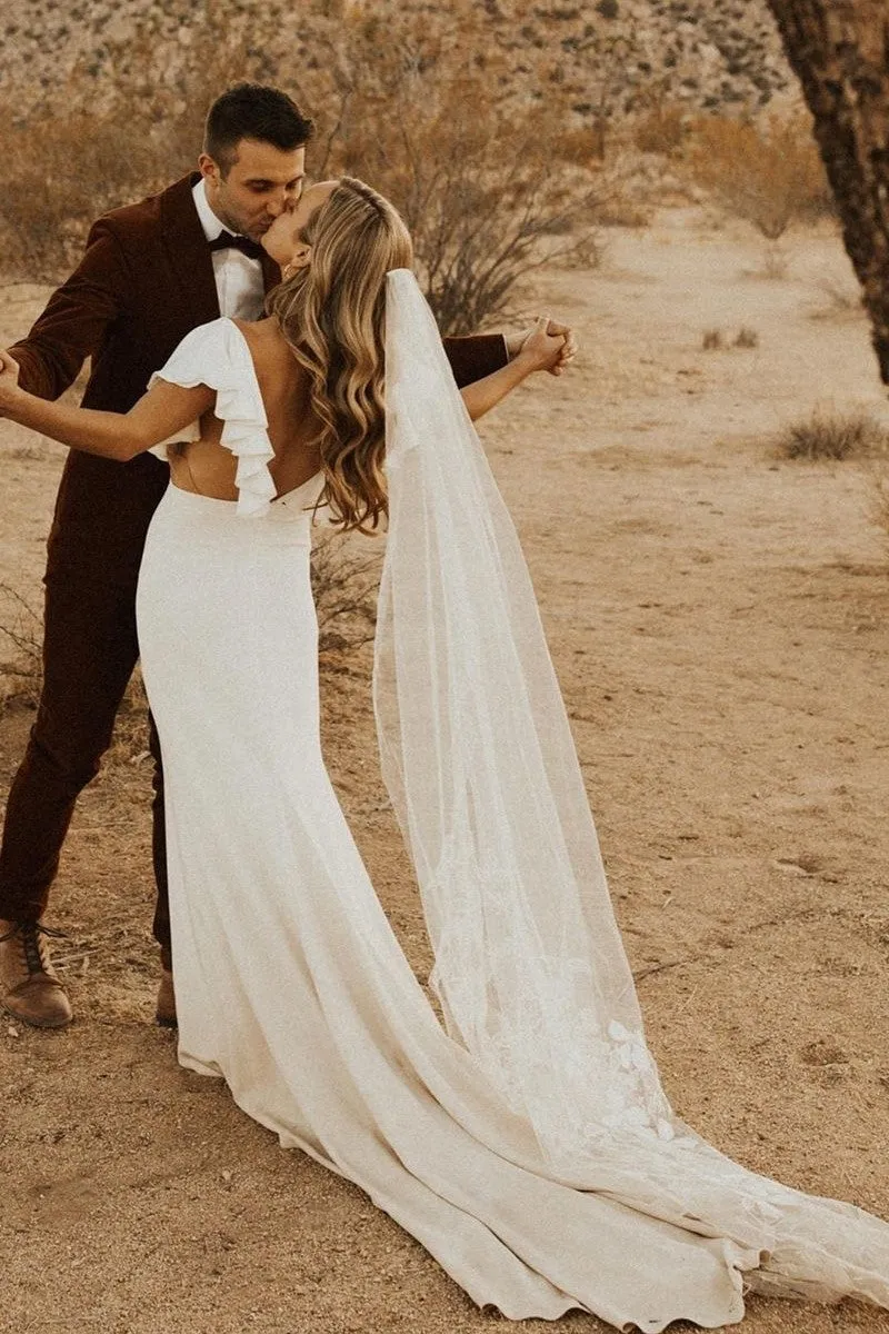 V-neckline Sheath Bridal Gown with Ruffled Sleeves