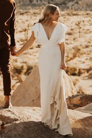 V-neckline Sheath Bridal Gown with Ruffled Sleeves