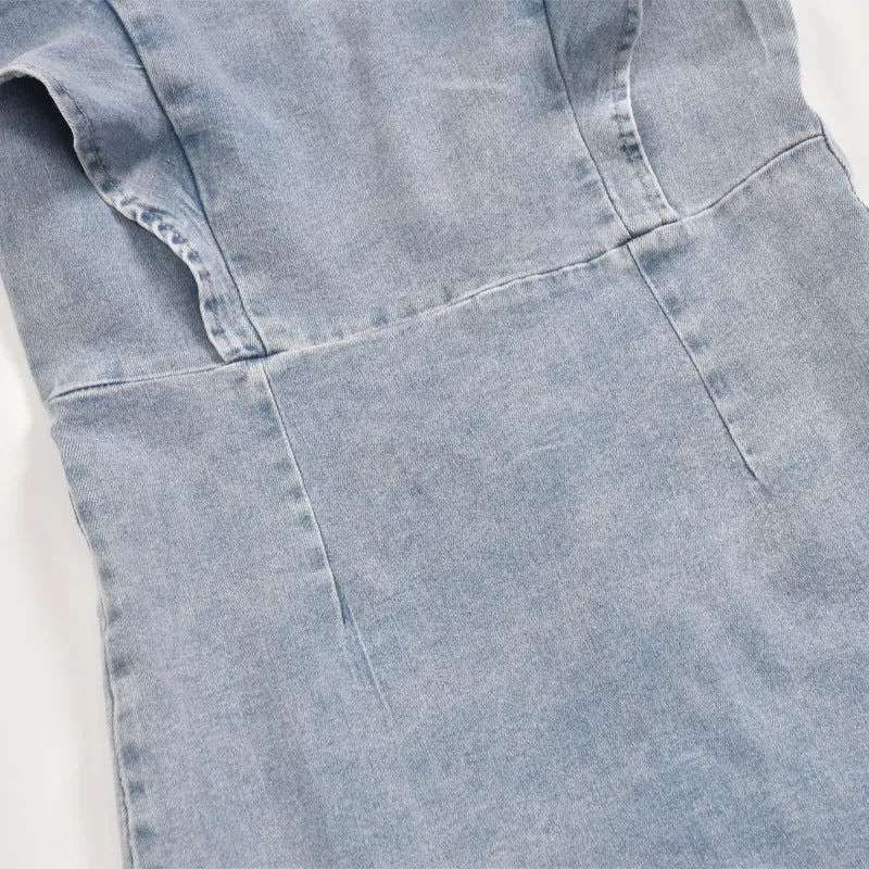 Vacation Blue Denim Ruffles Sleeves Mini Dresses