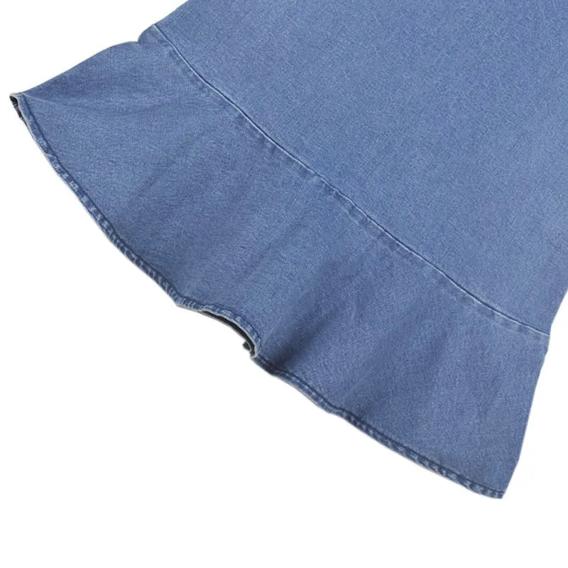Vacation Blue Denim Ruffles Sleeves Mini Dresses