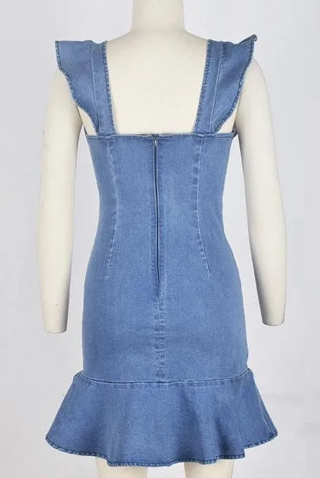 Vacation Blue Denim Ruffles Sleeves Mini Dresses