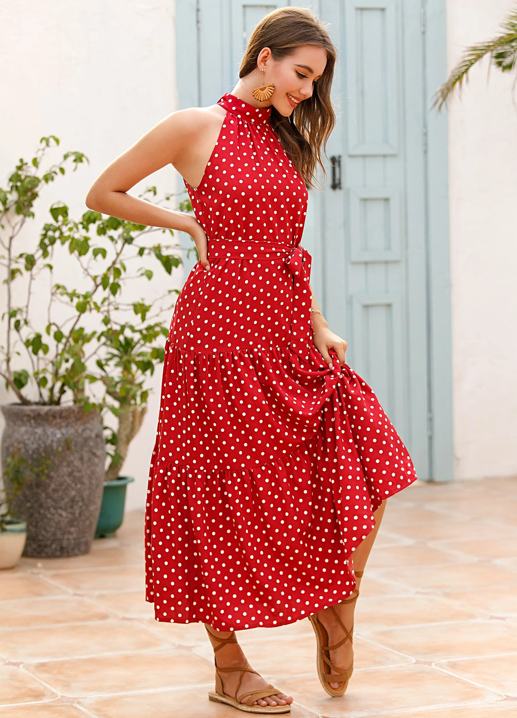 Vacation Halter Polka Dot Floral Maxi Dresses
