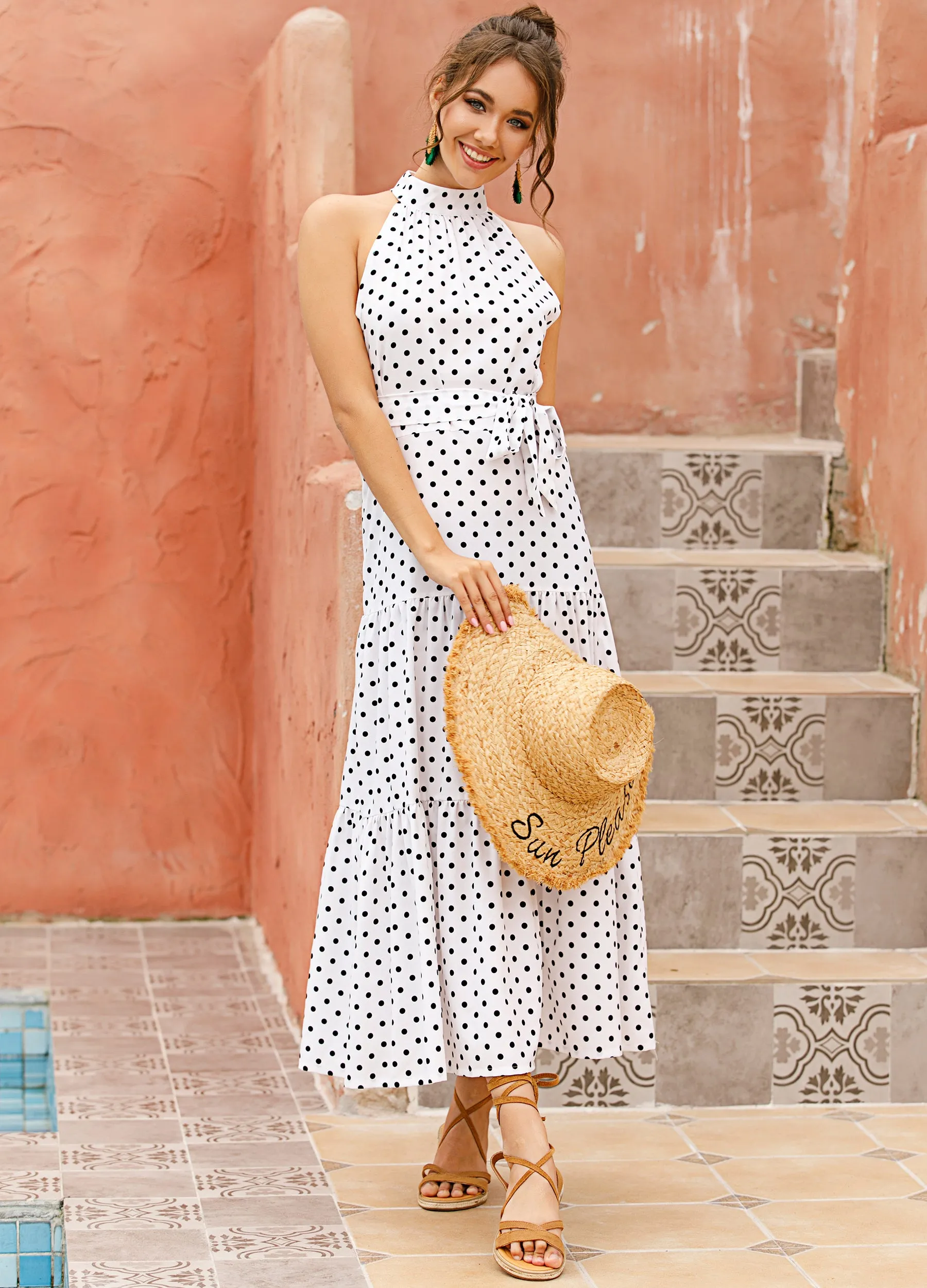 Vacation Halter Polka Dot Floral Maxi Dresses