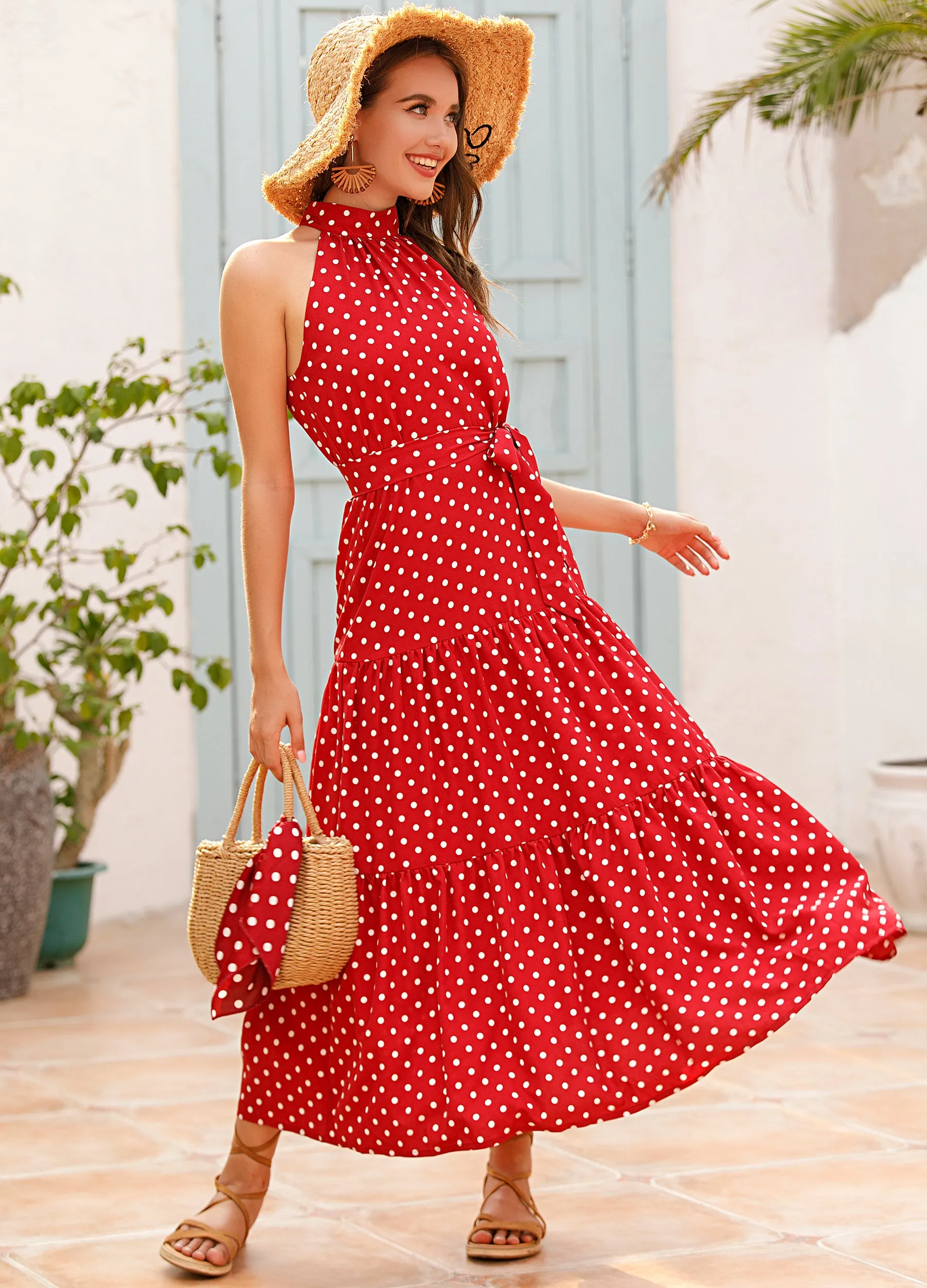 Vacation Halter Polka Dot Floral Maxi Dresses