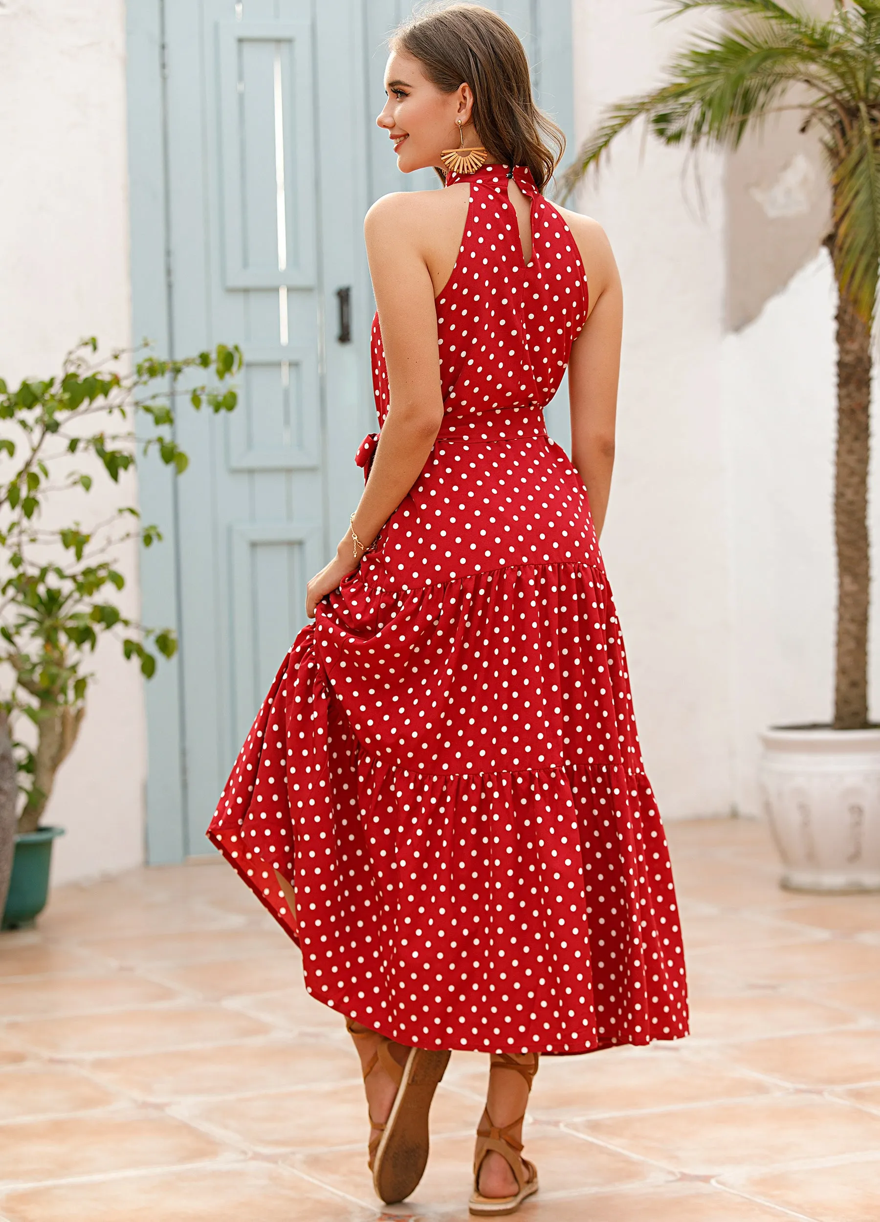 Vacation Halter Polka Dot Floral Maxi Dresses