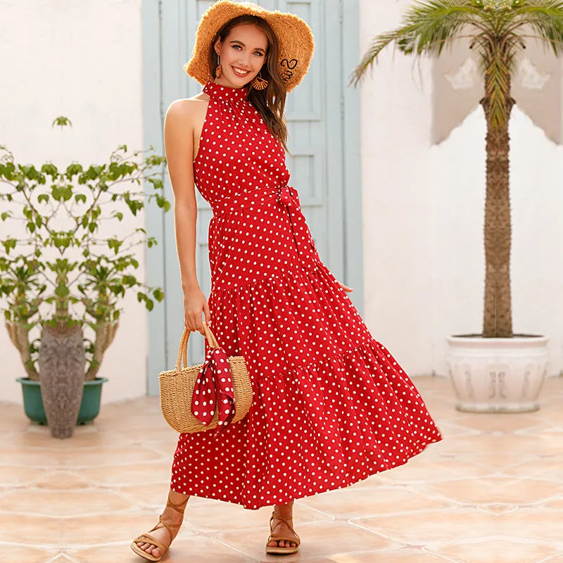 Vacation Halter Polka Dot Floral Maxi Dresses