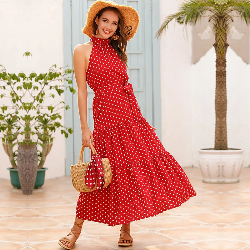 Vacation Halter Polka Dot Floral Maxi Dresses