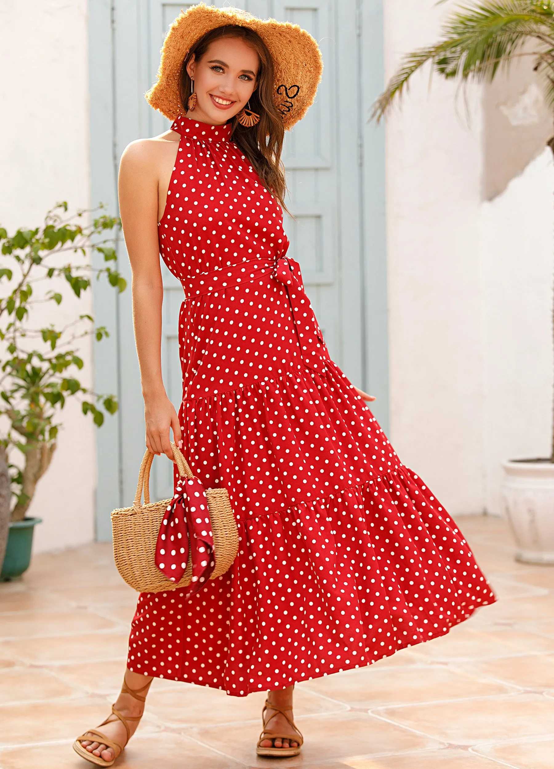 Vacation Halter Polka Dot Floral Maxi Dresses