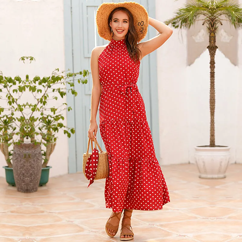 Vacation Halter Polka Dot Floral Maxi Dresses