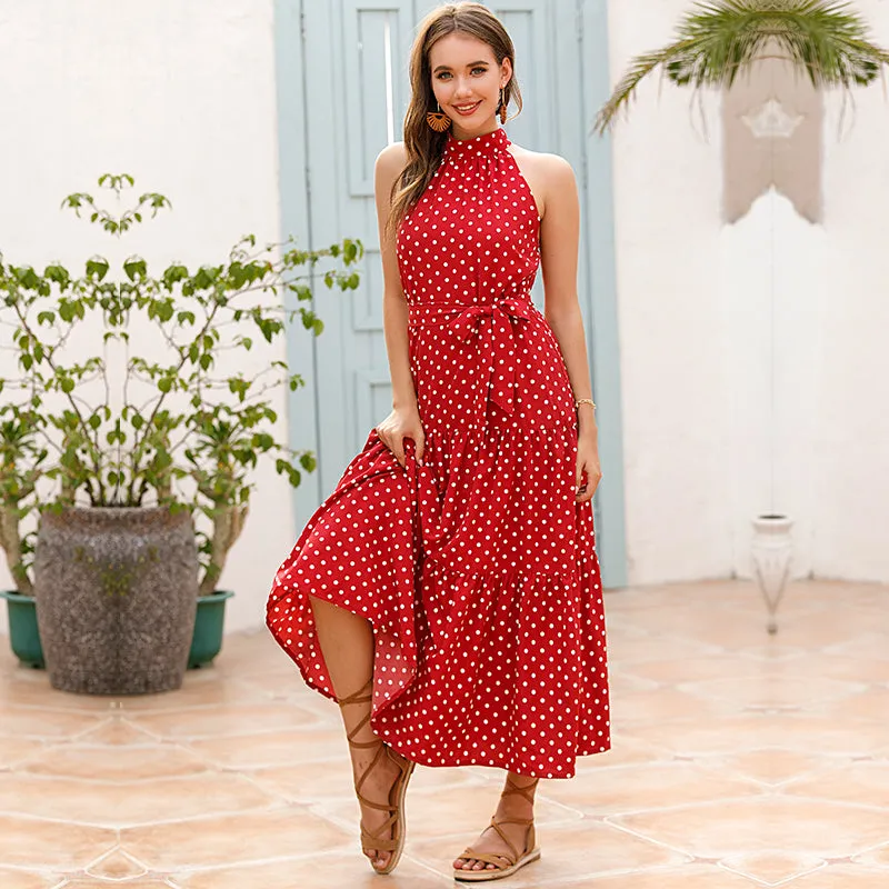 Vacation Halter Polka Dot Floral Maxi Dresses