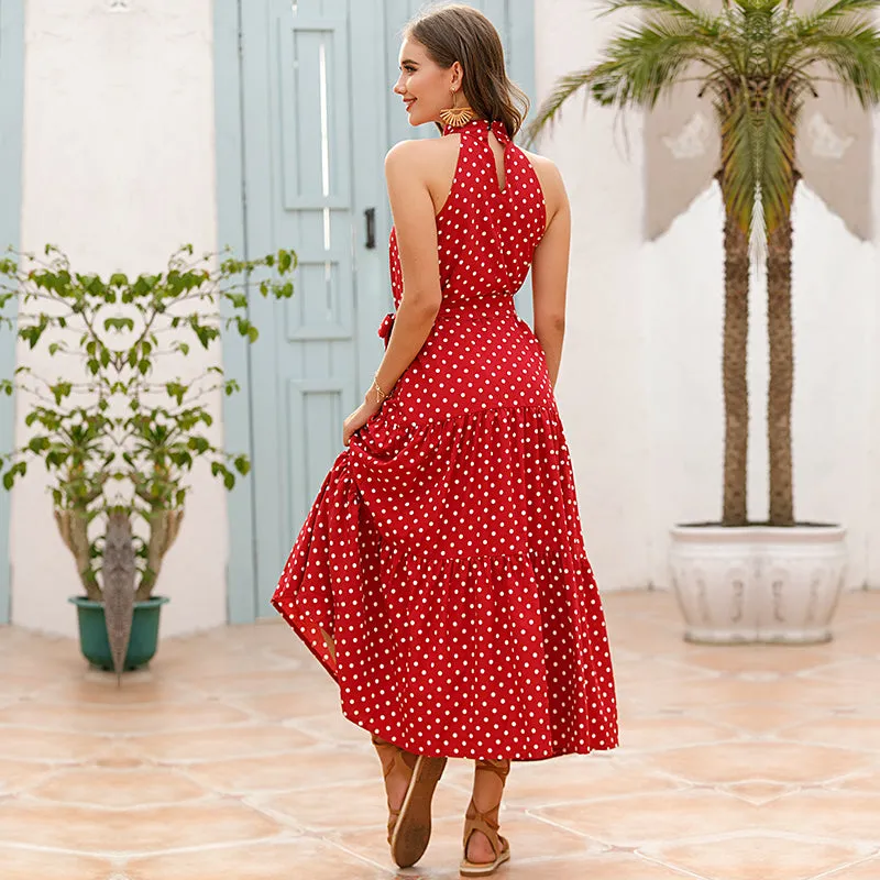 Vacation Halter Polka Dot Floral Maxi Dresses