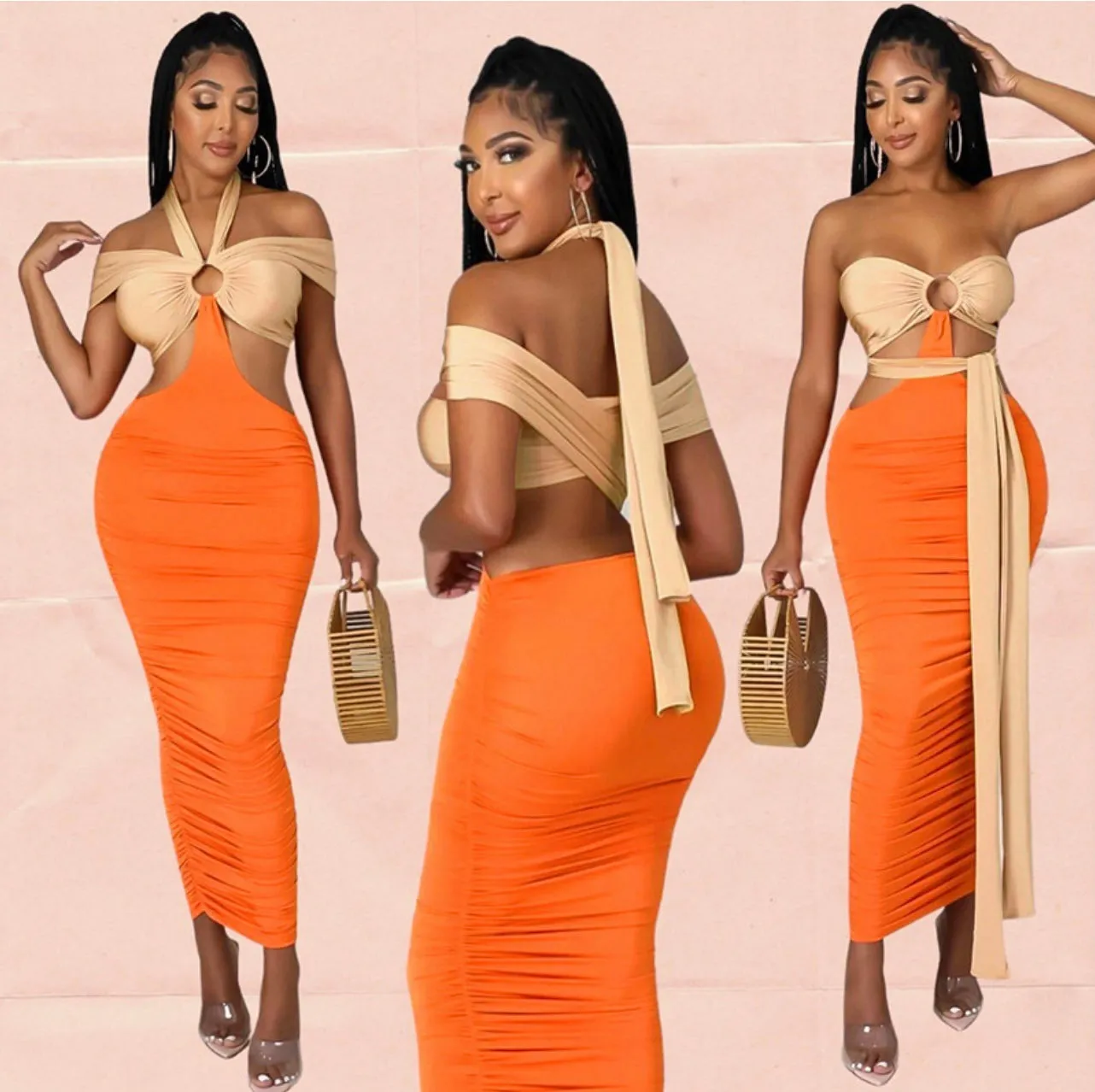 Versatile Cut Out Colorblock Bodycon Dress