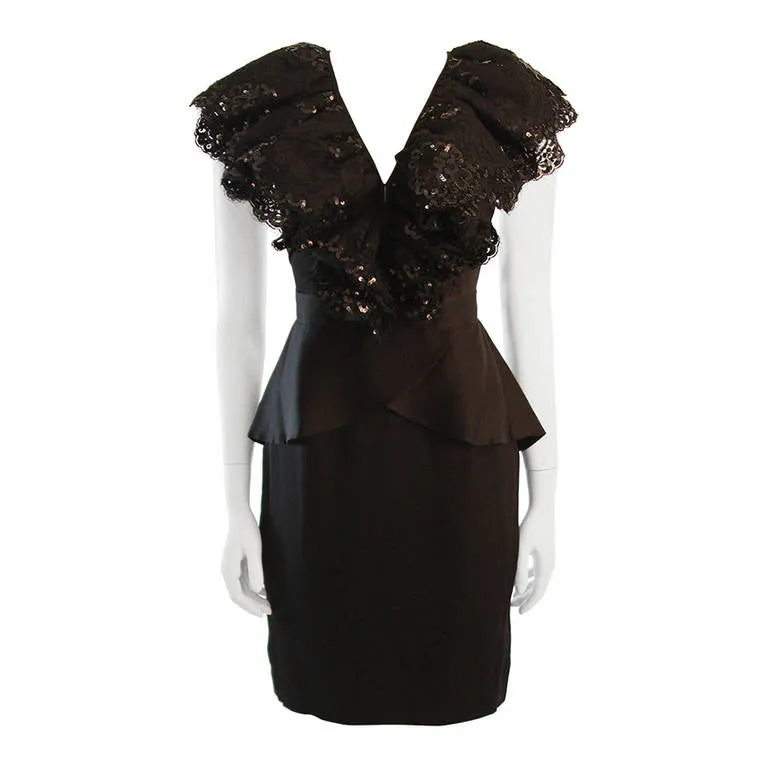 VICKY TIEL Black Sequined and Ruffled Open Back Cocktail Dress