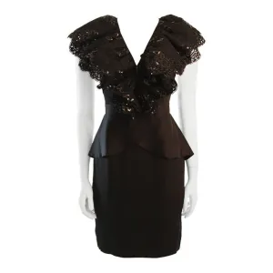 VICKY TIEL Black Sequined and Ruffled Open Back Cocktail Dress