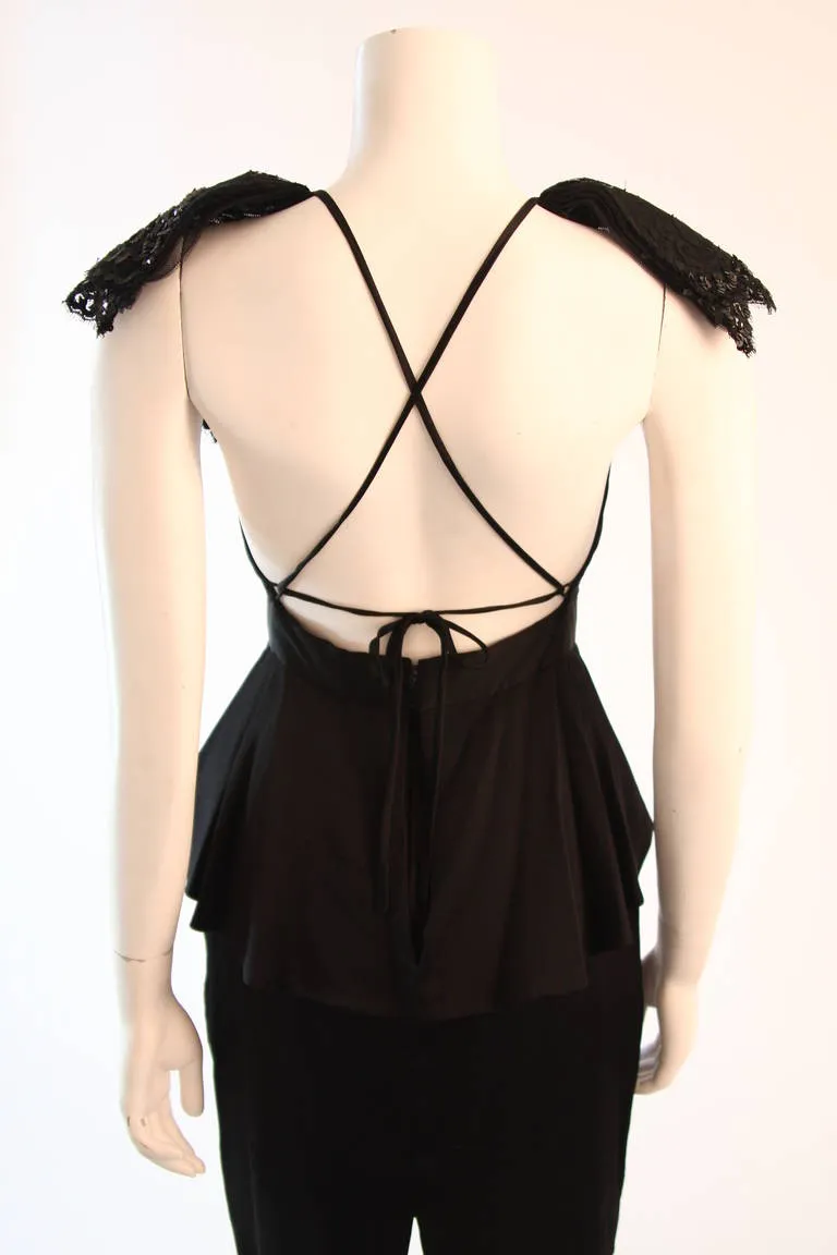 VICKY TIEL Black Sequined and Ruffled Open Back Cocktail Dress