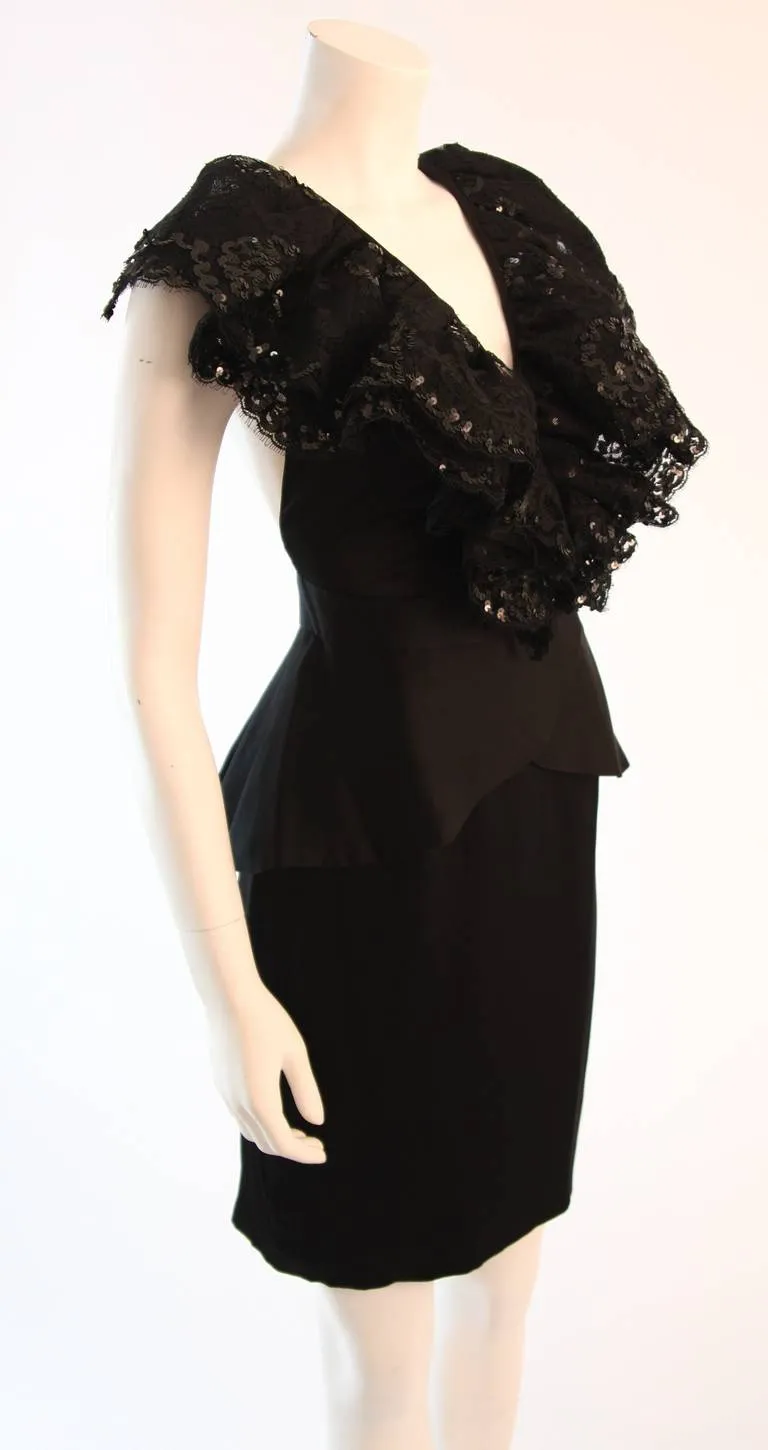 VICKY TIEL Black Sequined and Ruffled Open Back Cocktail Dress