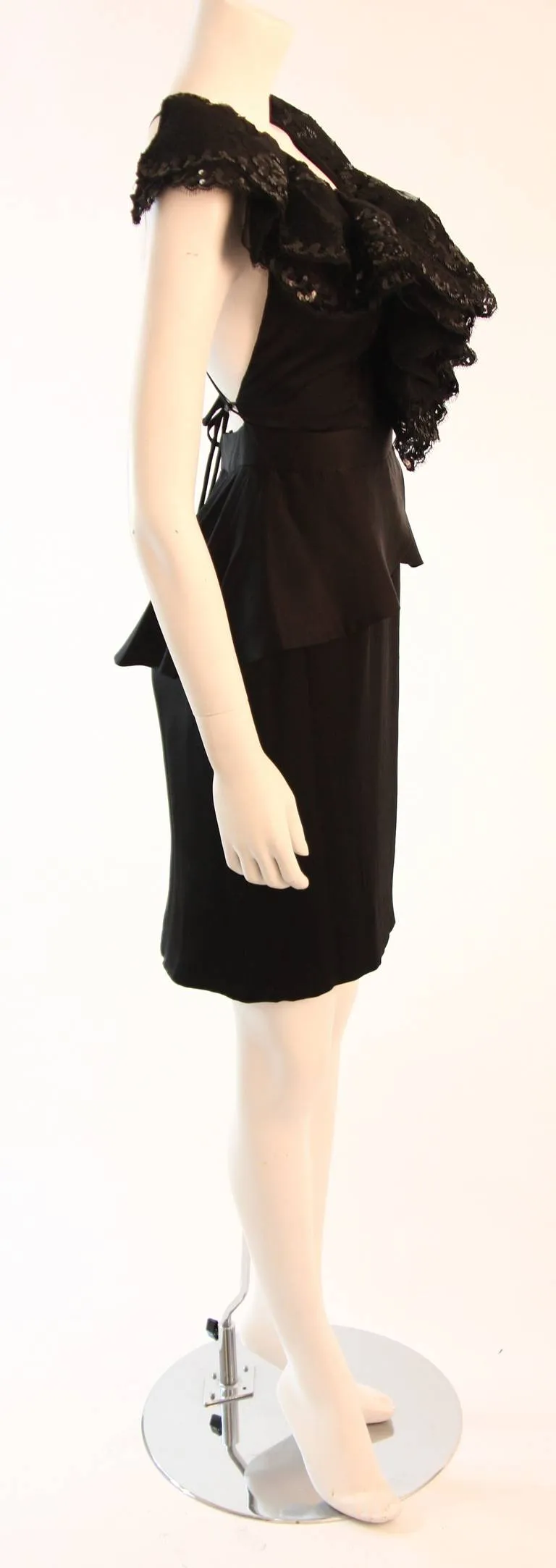 VICKY TIEL Black Sequined and Ruffled Open Back Cocktail Dress
