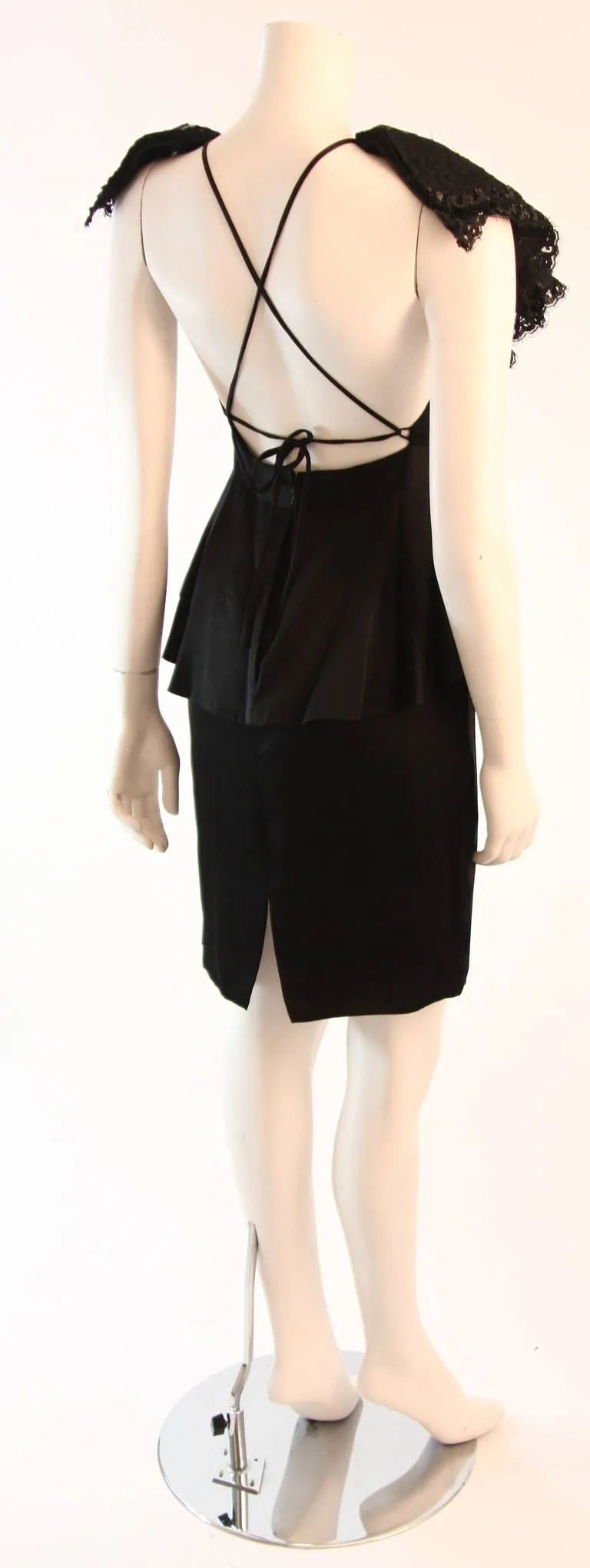 VICKY TIEL Black Sequined and Ruffled Open Back Cocktail Dress