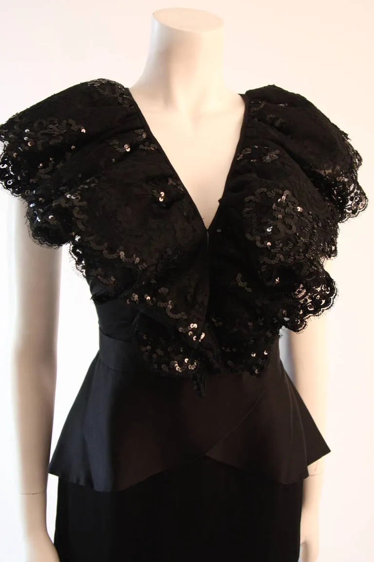 VICKY TIEL Black Sequined and Ruffled Open Back Cocktail Dress
