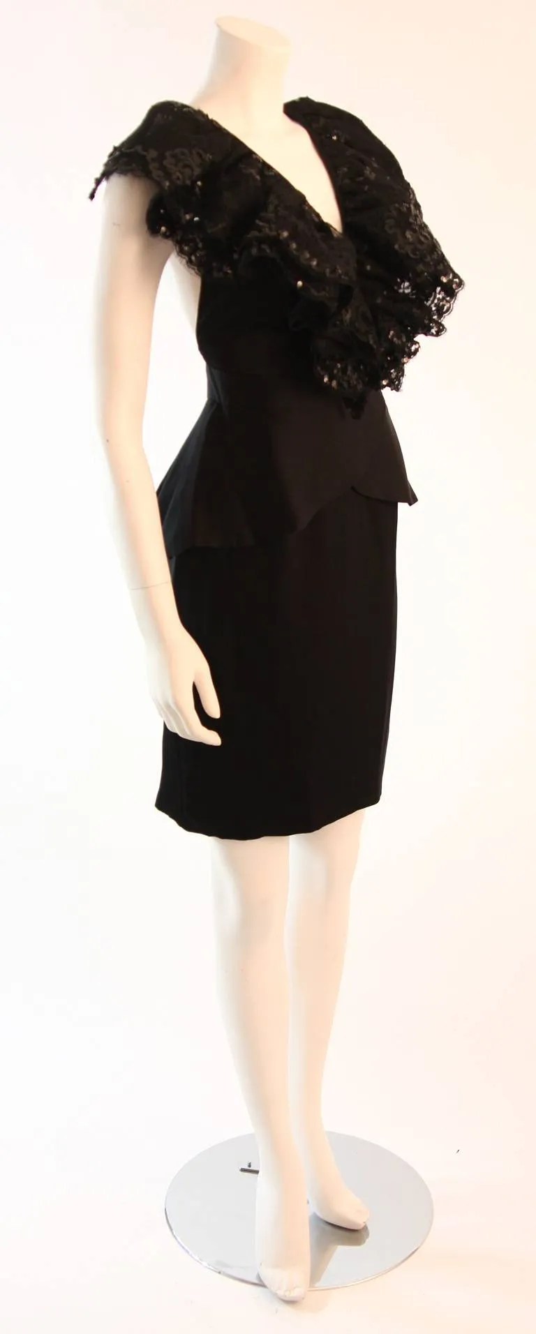 VICKY TIEL Black Sequined and Ruffled Open Back Cocktail Dress