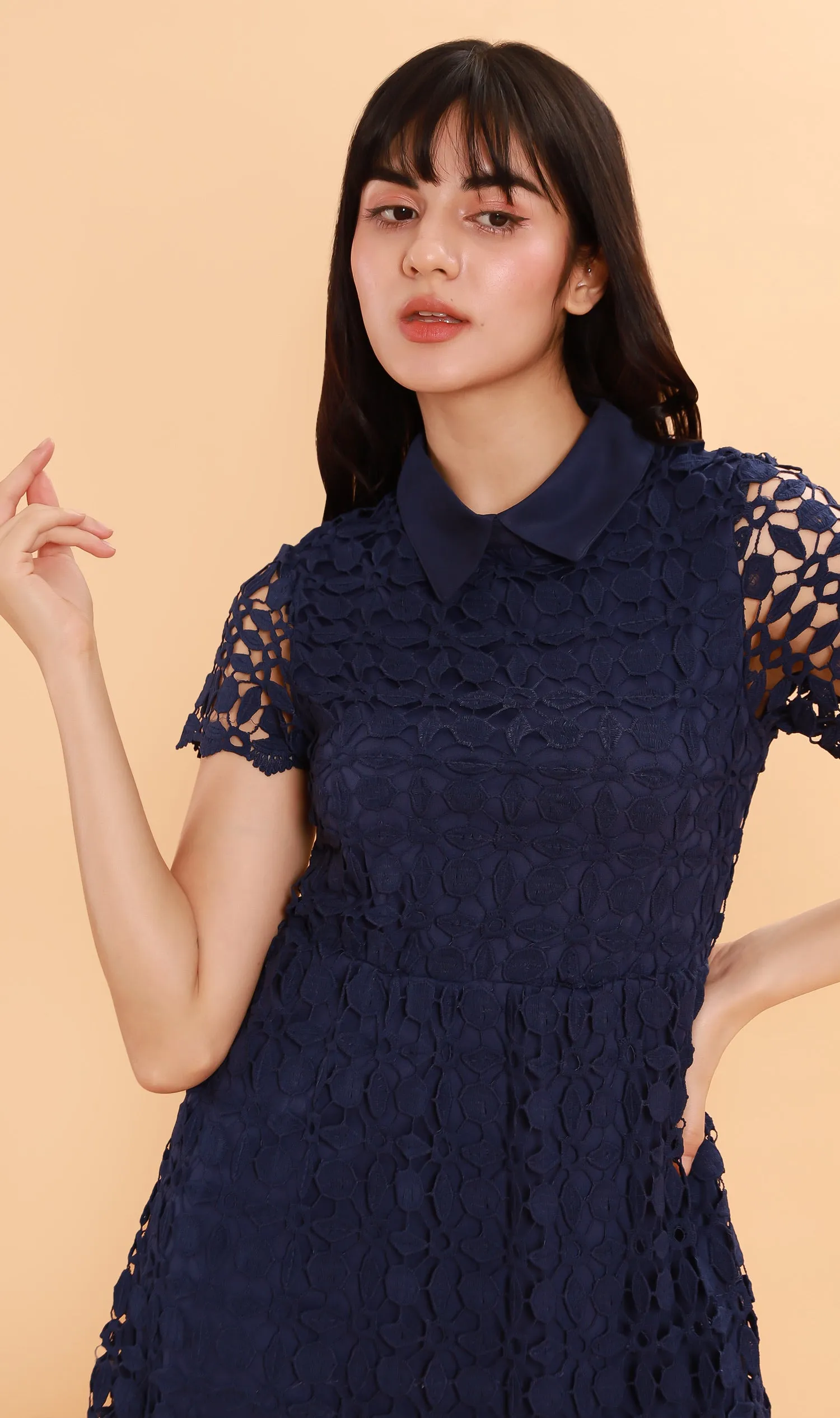 VICTORIA Lace Overlay Dress (Navy)