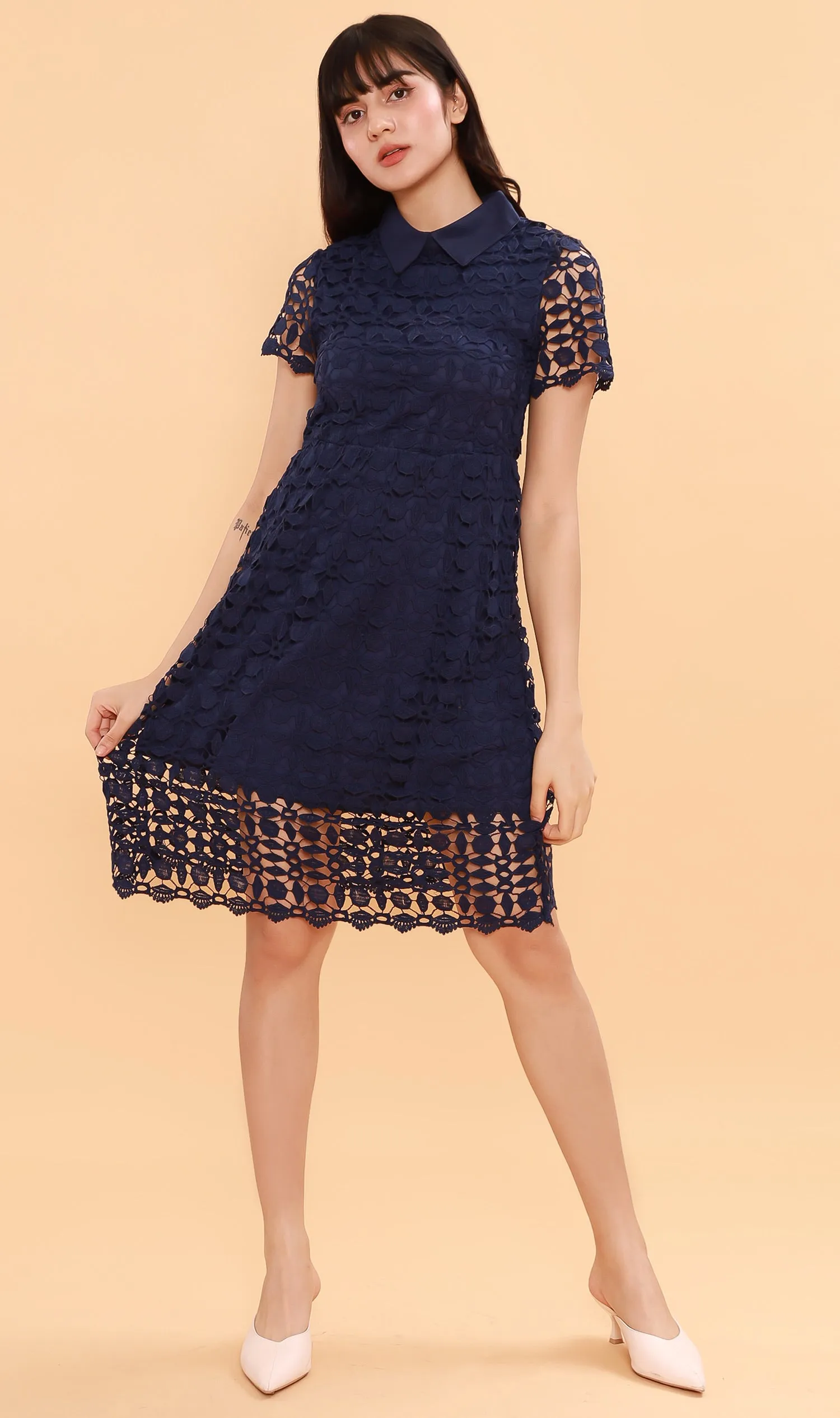 VICTORIA Lace Overlay Dress (Navy)