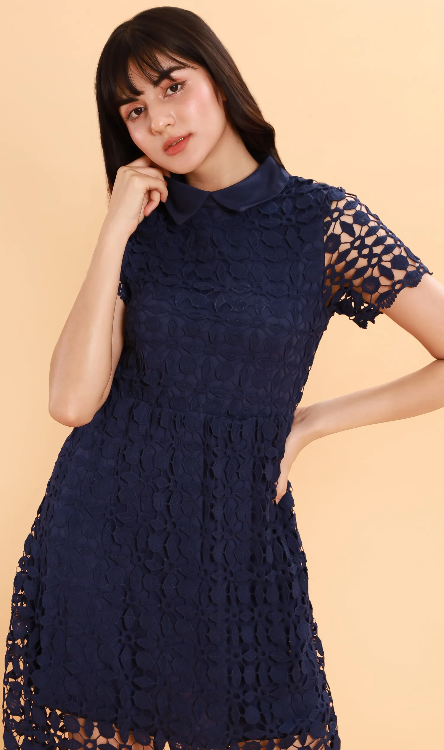 VICTORIA Lace Overlay Dress (Navy)
