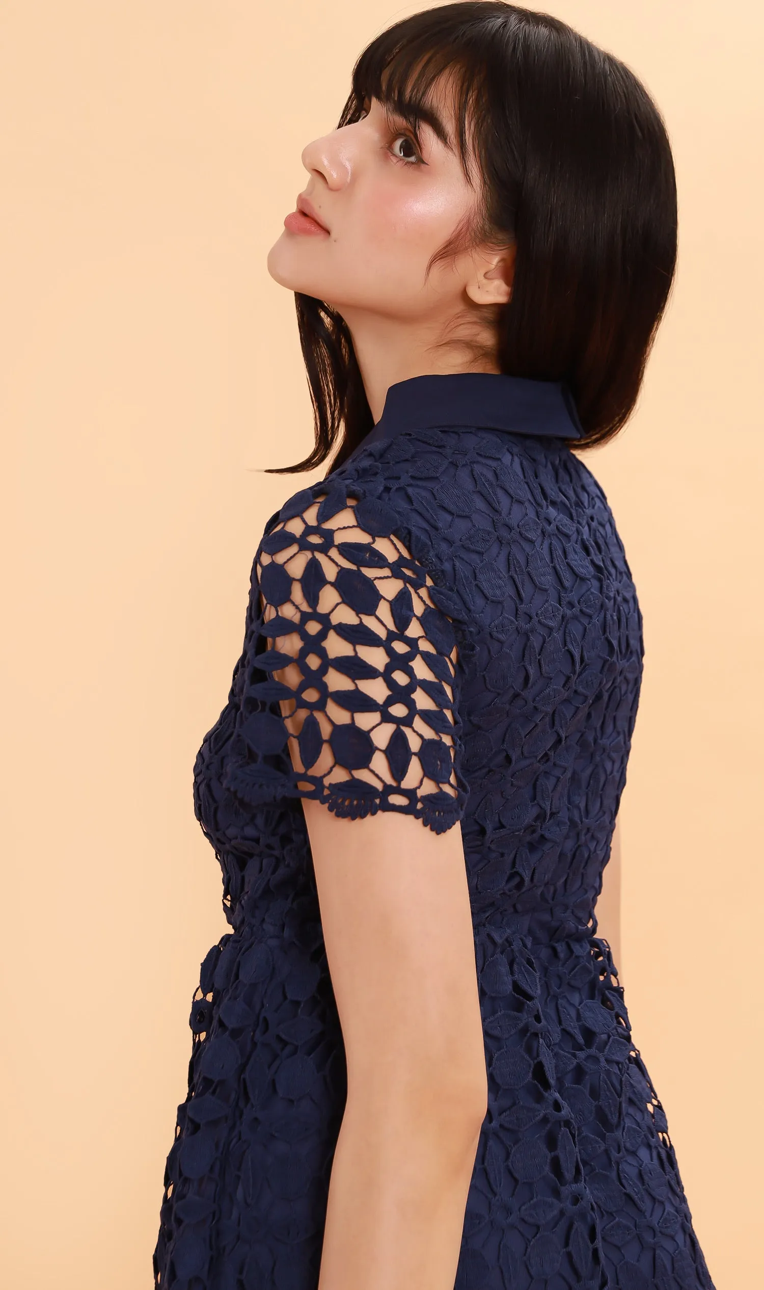 VICTORIA Lace Overlay Dress (Navy)