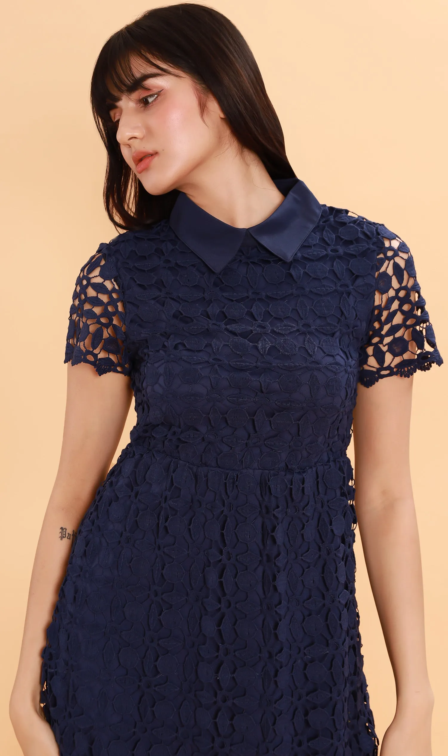 VICTORIA Lace Overlay Dress (Navy)