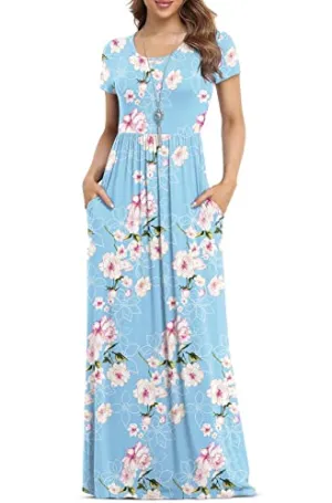 VIISHOW Women's Short Sleeve Floral Dress Loose Plain Maxi Dresses Casual Long Dresses with Pockets(Floral Light Blue Medium)