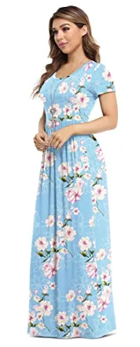 VIISHOW Women's Short Sleeve Floral Dress Loose Plain Maxi Dresses Casual Long Dresses with Pockets(Floral Light Blue Medium)