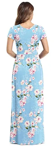 VIISHOW Women's Short Sleeve Floral Dress Loose Plain Maxi Dresses Casual Long Dresses with Pockets(Floral Light Blue Medium)