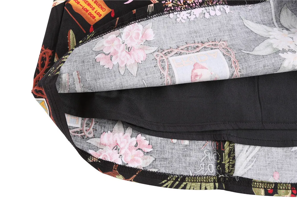 Vintage Black Floral Print A Line Skirt
