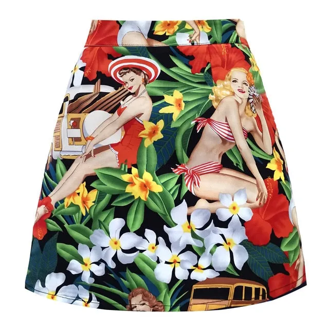 Vintage Black Floral Print A Line Skirt