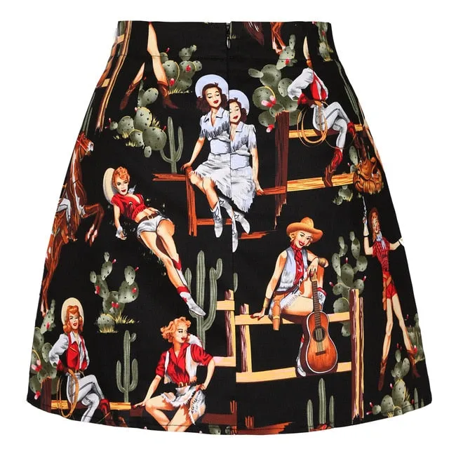 Vintage Black Floral Print A Line Skirt
